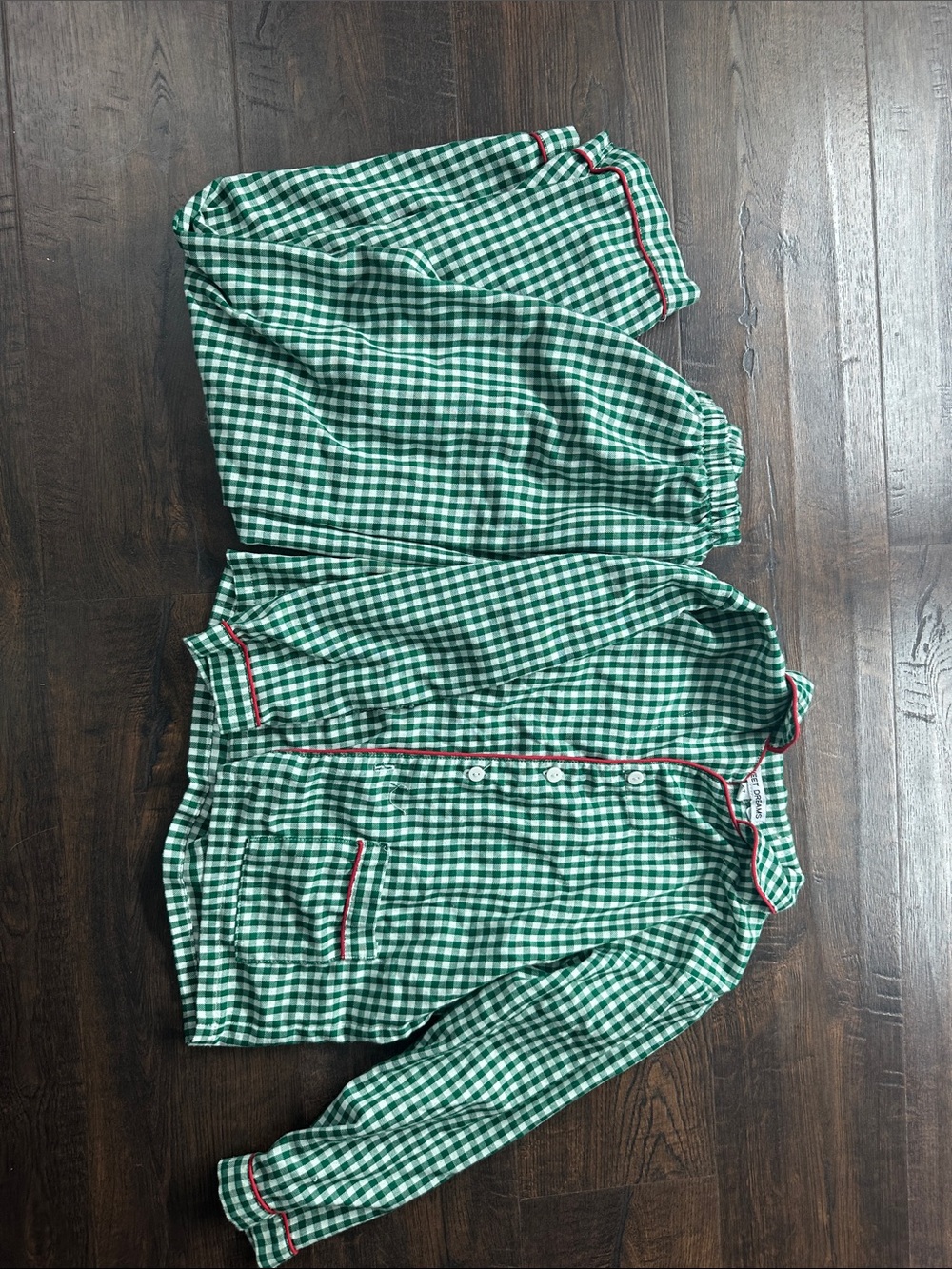 Sweet Dreams Green and White Gingham Pajama Set with Red Trim(button missing b44
